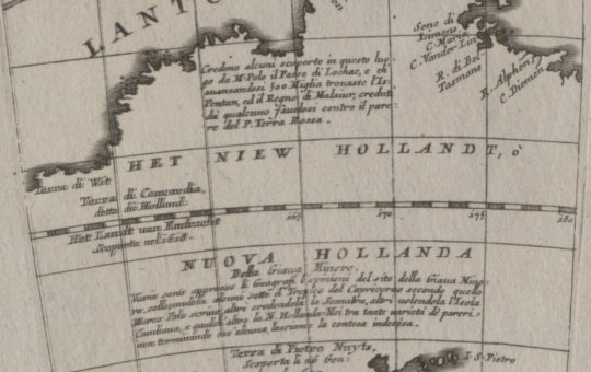 A black and white map showing Australia, then called New Holland, in the late 1600s.