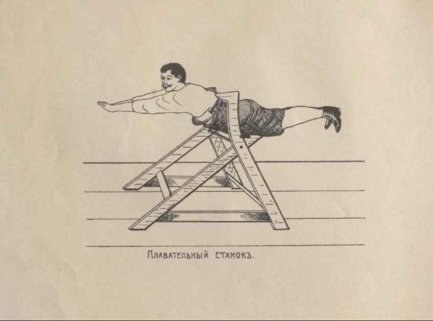A line drawing of a man suspended in a wooden contraption that is designed to help practise a swimming stroke.