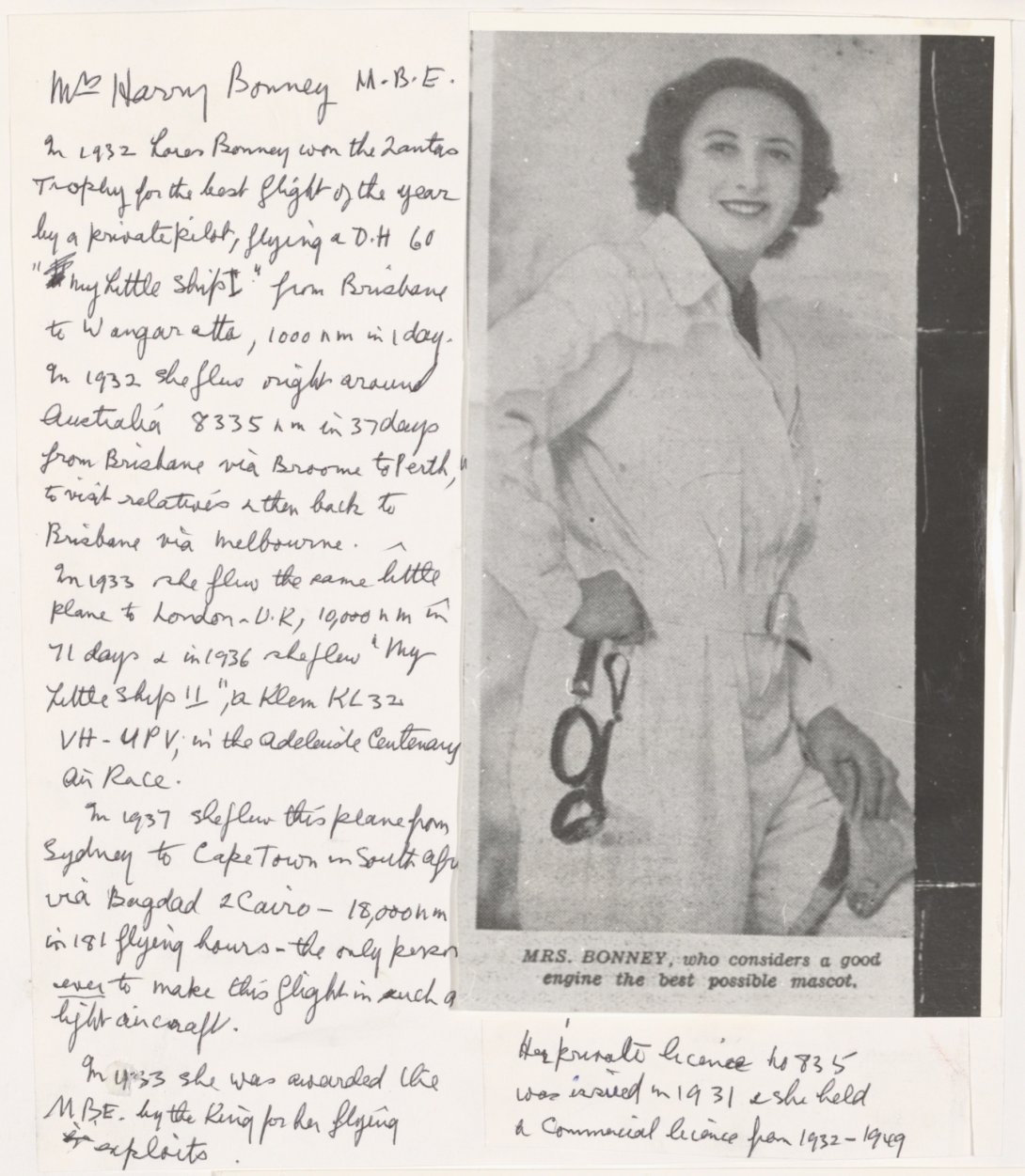 Handwritten text about the career of pilot Maude (Lores) Bonney with black and white image of her in a jumpsuit with pilot goggles cut out from a newspaper
