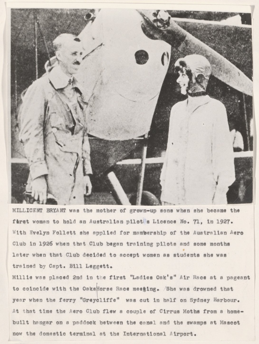 Black an white photo of a woman in a pilot cap standing at the front of a plane with a man with a moustache. Below the image are two paragraphs of text about the woman's career as a pilot.
